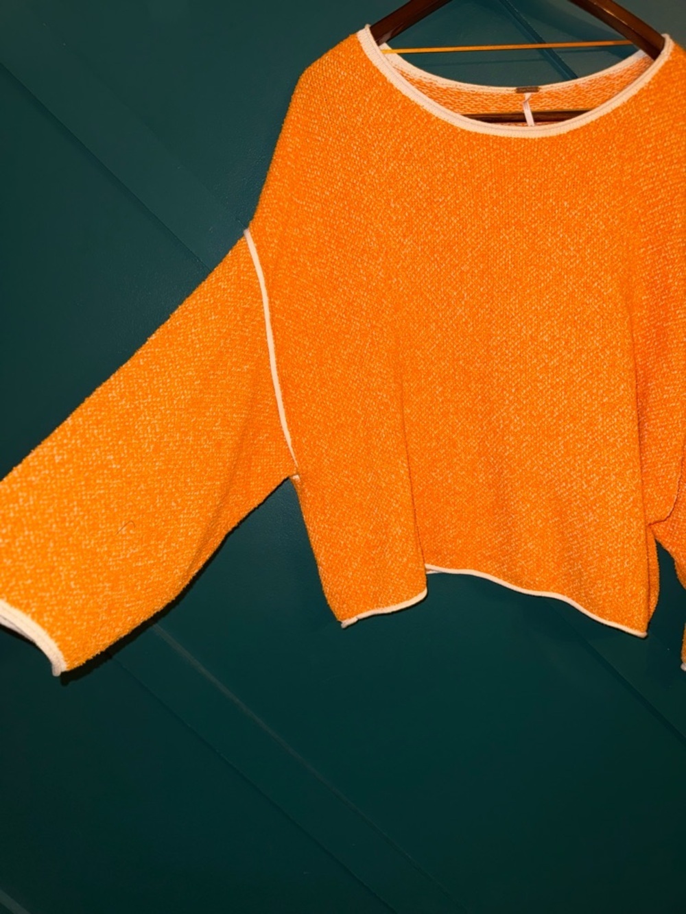 Free People Cropped Orange Bouclé Pullover with White Trim - Picture 5 of 9